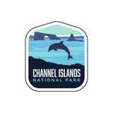 Channel Islands National Park sticker featuring a dolphin jumping over blue water and rocky cliffs in the background.