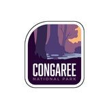 BONUS National Park sticker featuring a purple and orange sunset over trees and water, labeled Congaree National Park.