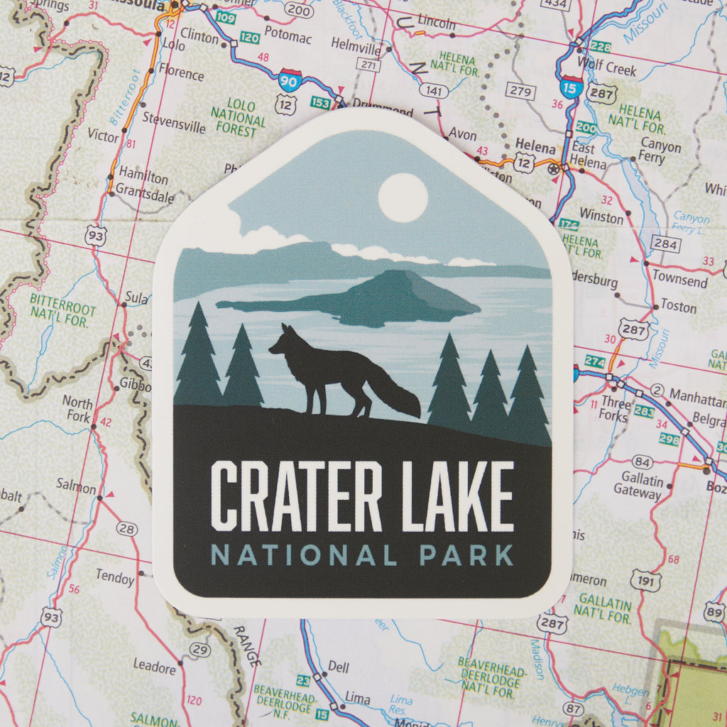 Crater Lake sticker on a map background