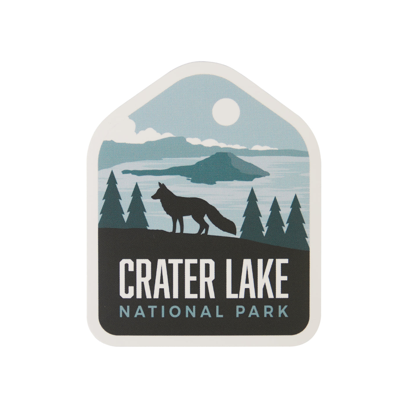 Crater Lake National Park sticker featuring a silhouette of a fox against a lake and mountain backdrop.