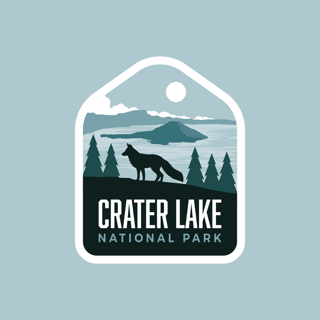 Crater Lake sticker on a blue background