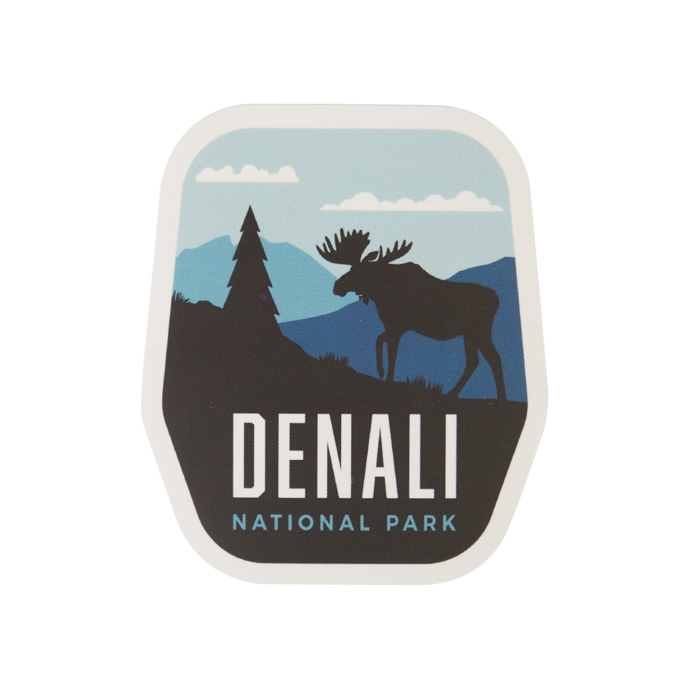 Denali National Park sticker featuring a moose, mountains, and trees in blue and black colors.