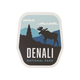 Denali National Park sticker featuring a moose, mountains, and trees in blue and black colors.