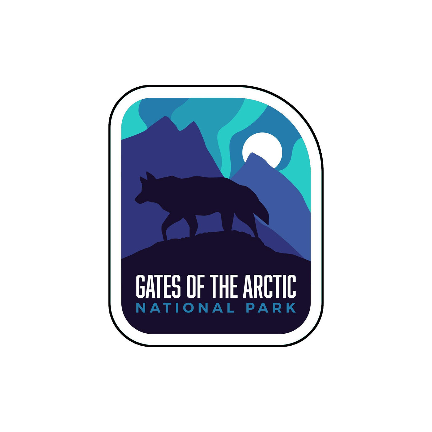 BONUS National Park sticker featuring a silhouette of a wolf against mountains and a moon, with vibrant blue and green col...