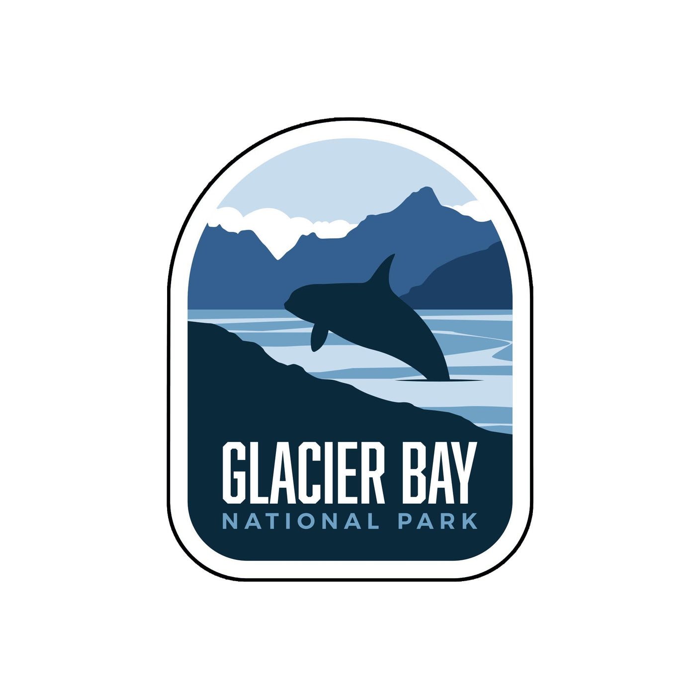 Glacier Bay National Park sticker featuring a silhouette of a whale against mountains and water in blue tones.