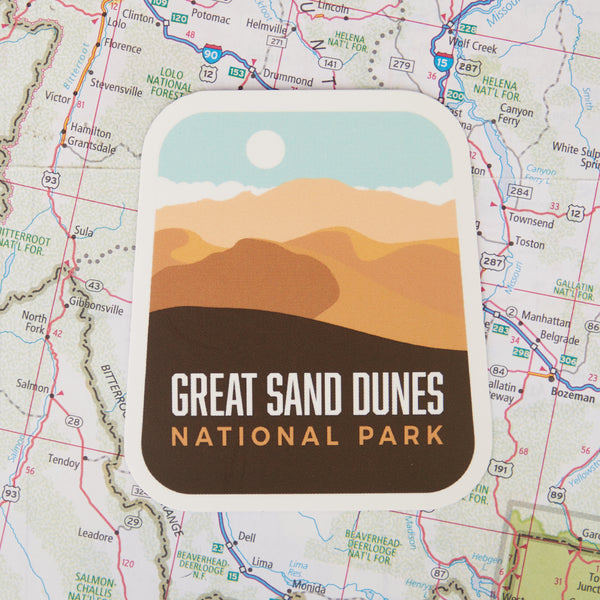 Great Sand Dunes Sticker on a map background