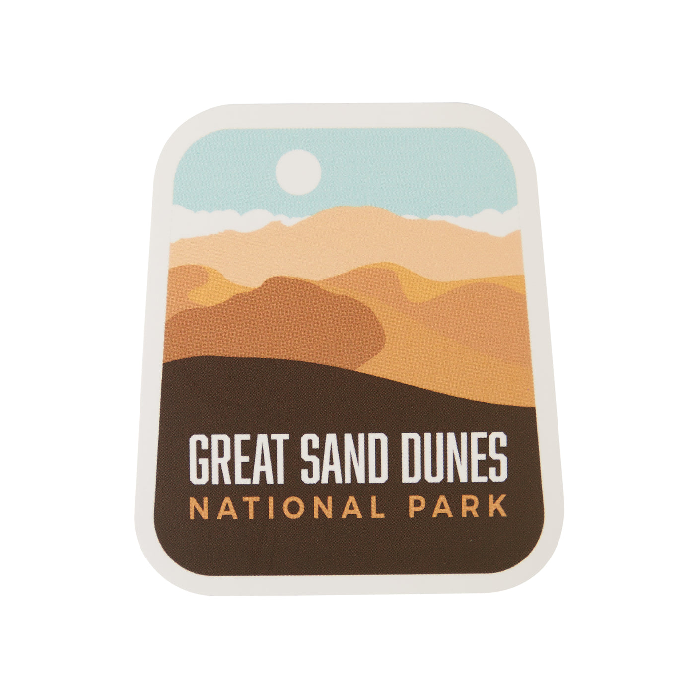 Great Sand Dunes National Park sticker featuring desert landscape and mountains in warm colors.