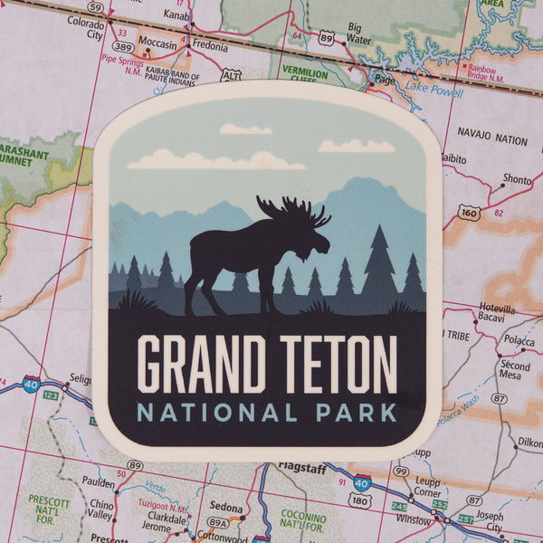 Grand Teton sticker on a map background