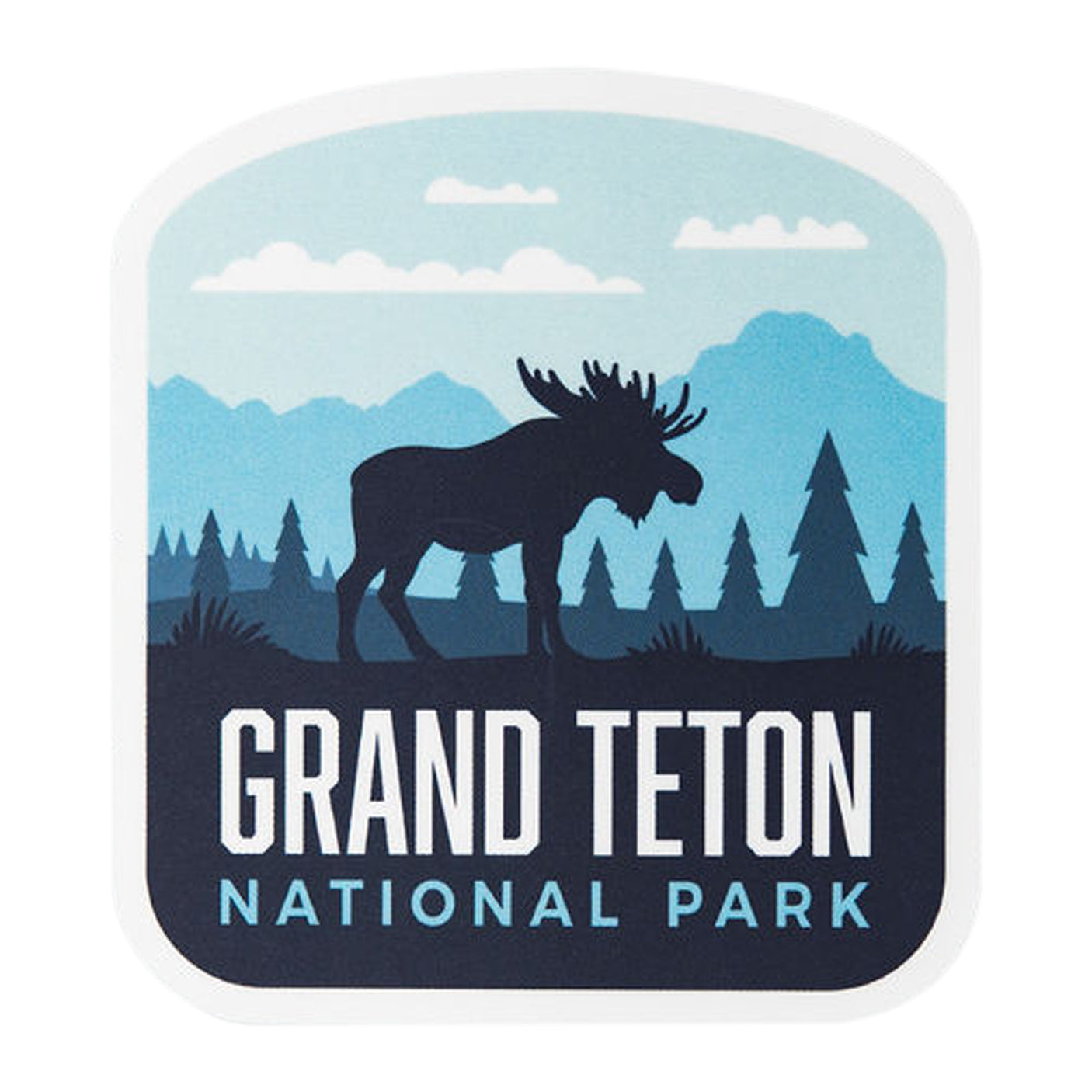 Grand Teton National Park sticker featuring a moose silhouette against mountains and trees in blue and green hues.