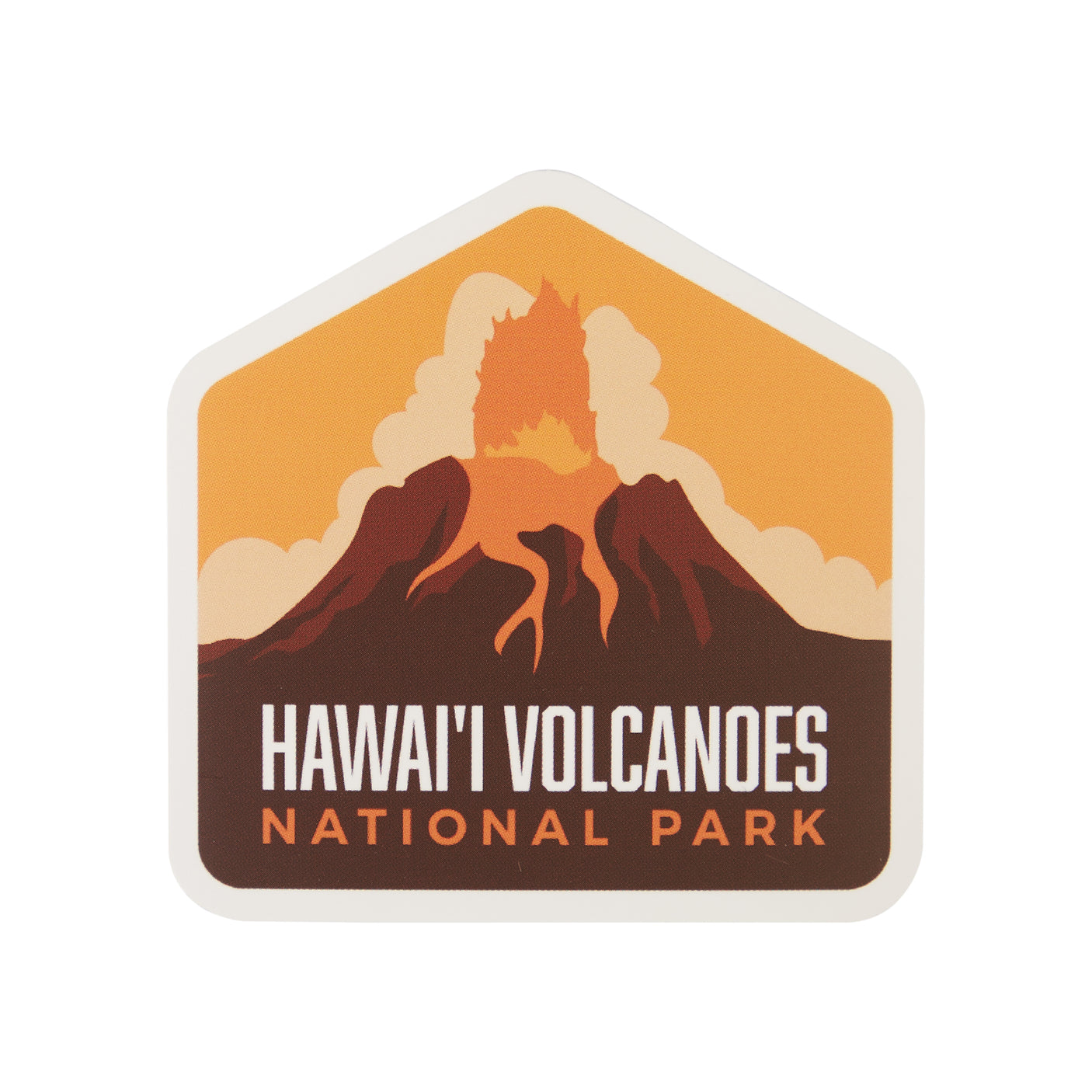 Hawai'i Volcanoes National Park sticker featuring a volcano with orange and brown colors on a white background.