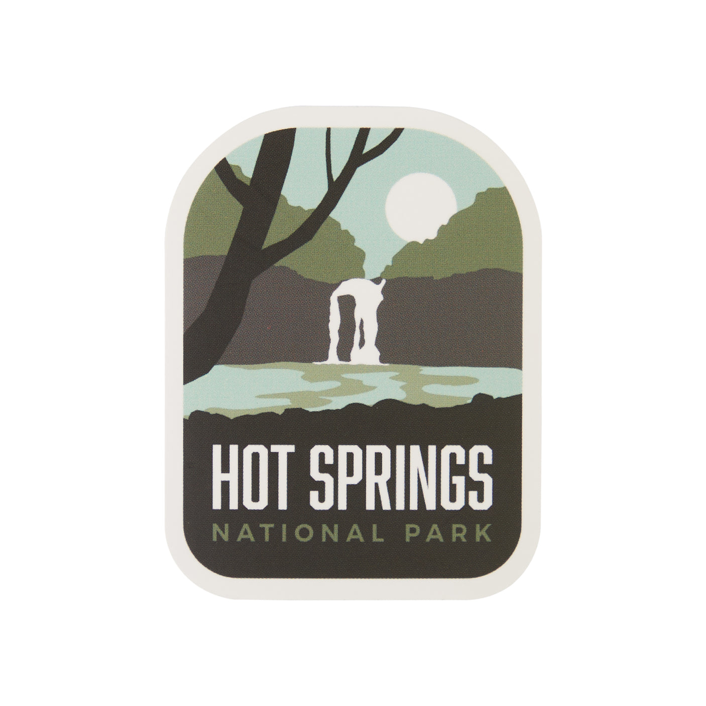 BONUS National Park sticker featuring a waterfall, trees, and a moonlit scene with "Hot Springs National Park" text.