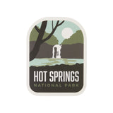 BONUS National Park sticker featuring a waterfall, trees, and a moonlit scene with "Hot Springs National Park" text.