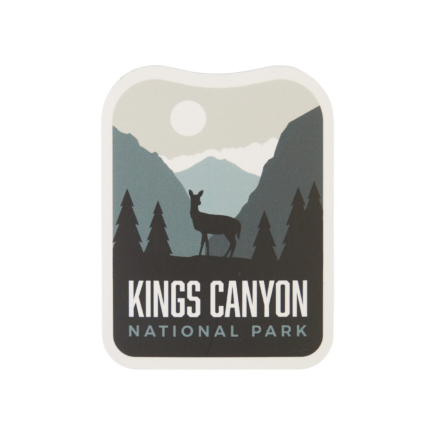 Kings Canyon National Park sticker featuring a deer silhouette against mountains and a moonlit sky.