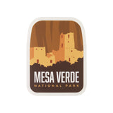 Mesa Verde National Park sticker featuring a stylized depiction of cliff dwellings in warm colors.