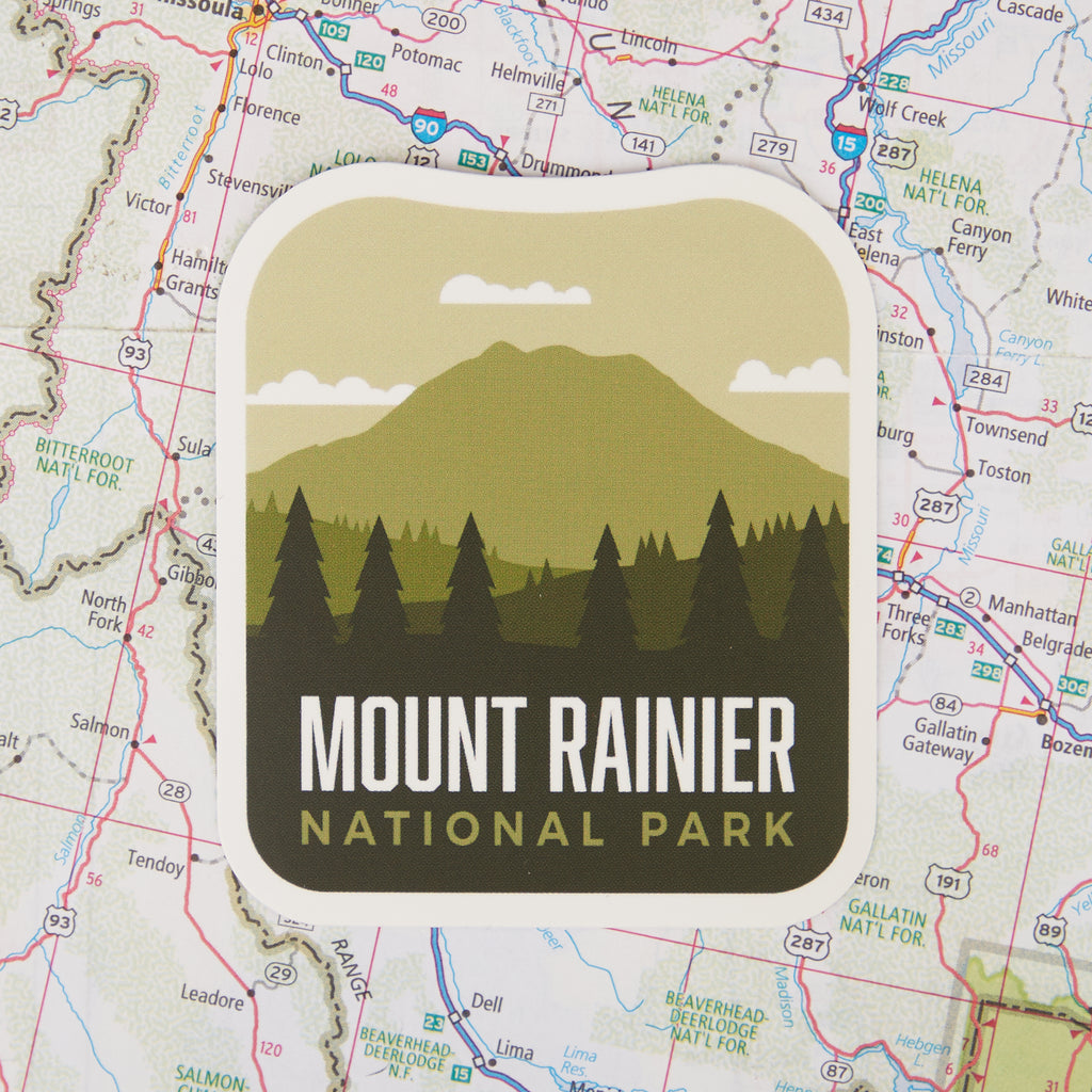 Mount Rainier sticker on a map background