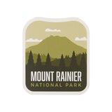 Mount Rainier National Park sticker featuring a mountain and forest design in green and cream colors.