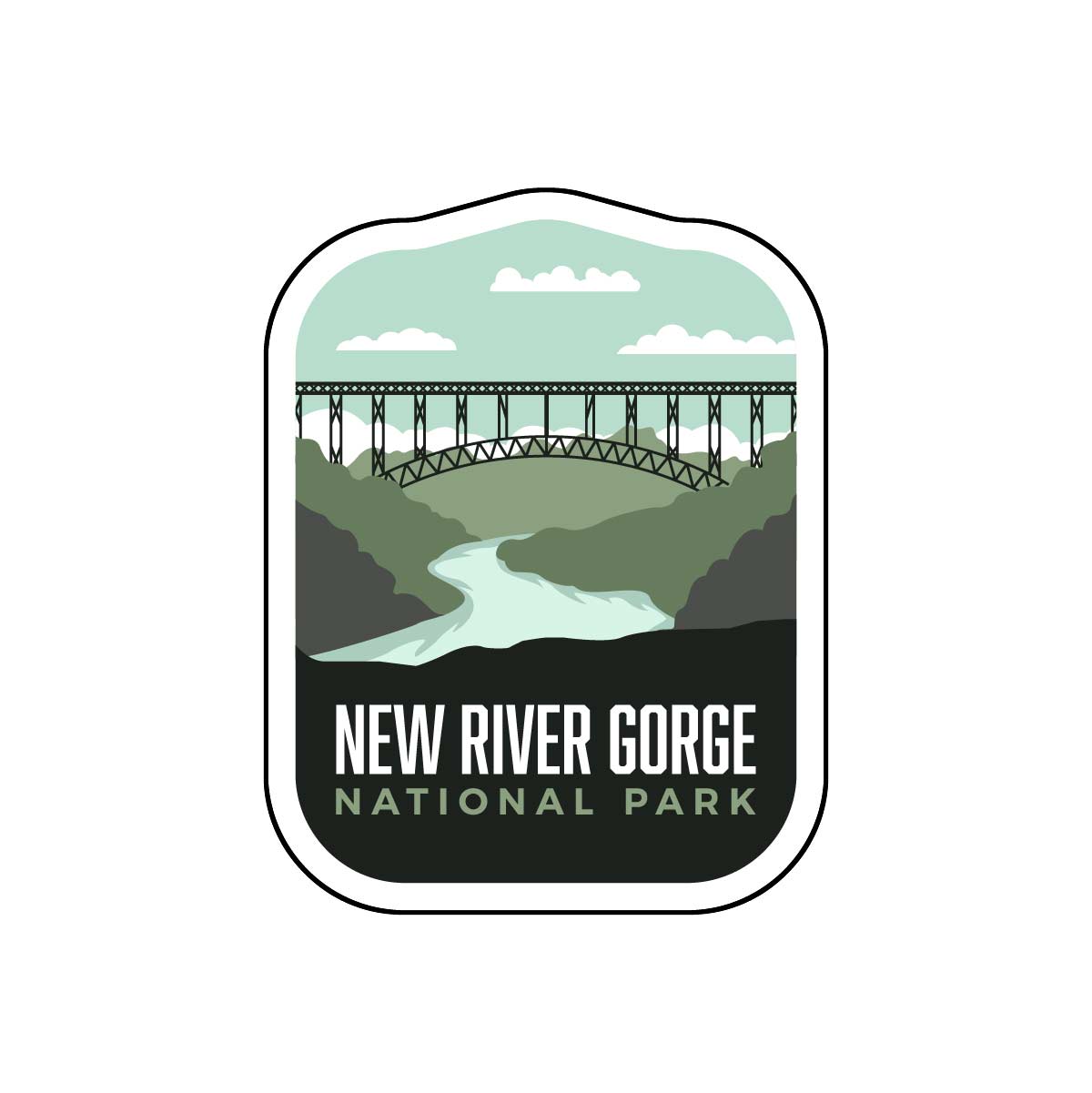 BONUS National Park sticker featuring New River Gorge with a bridge and river, in green and blue tones.