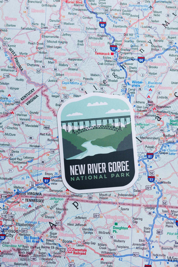 New River Gorge sticker on a map