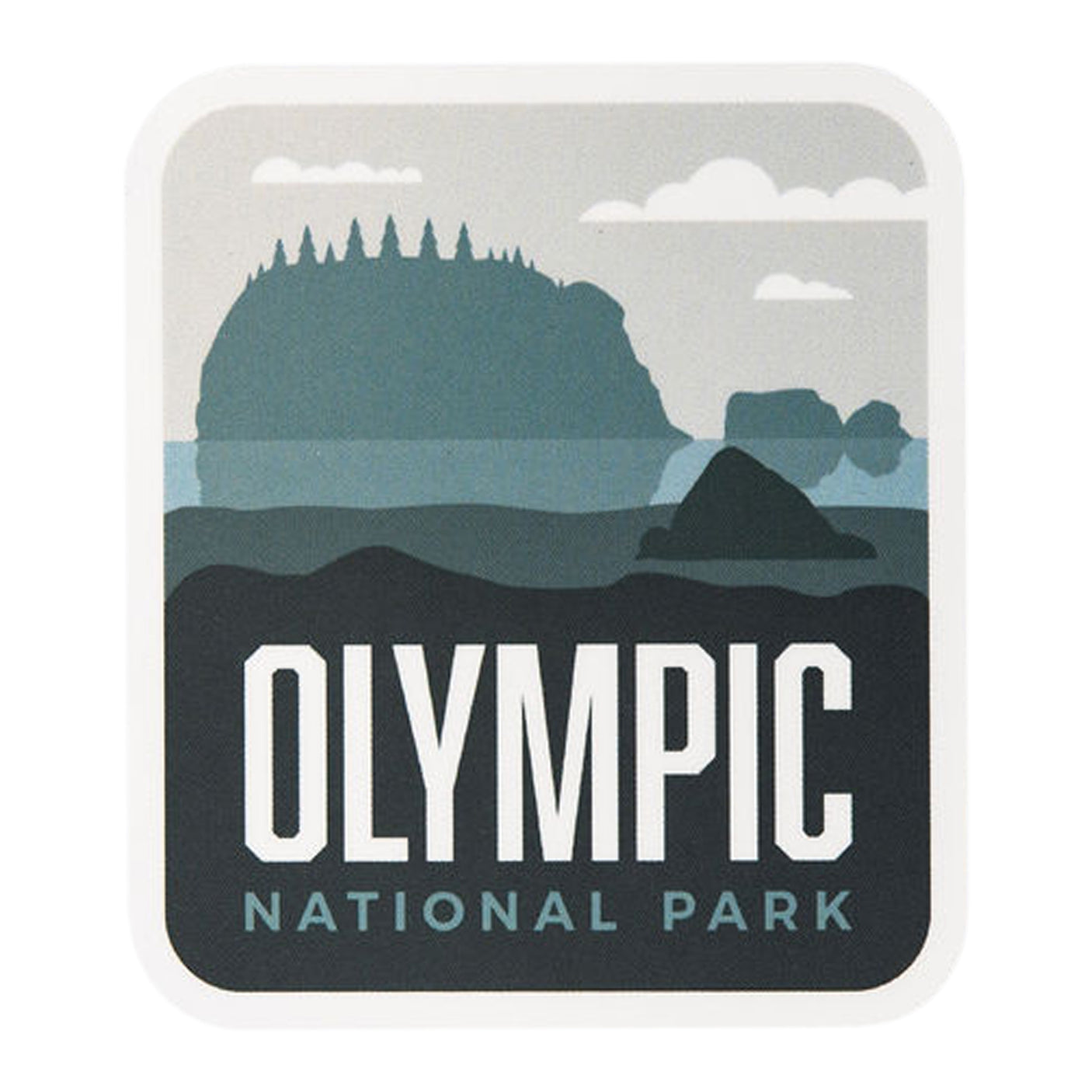 Olympic National Park sticker featuring a silhouette of trees and mountains in gray and blue tones.