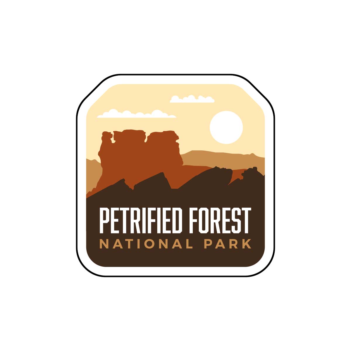 BONUS National Park sticker featuring the Petrified Forest landscape with mountains and a sun in warm colors.