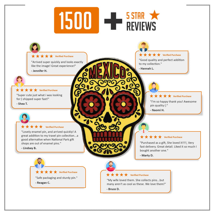 Mexico enamel pin featuring a colorful skull design with intricate patterns and the word "Mexico" prominently displayed.