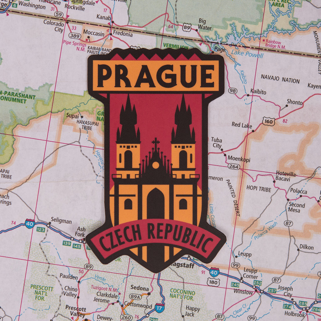 Prague sticker on a map background