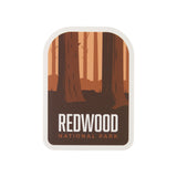Redwood National Park sticker featuring tall trees and earthy tones in a rectangular shape.