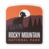 Rocky Mountain National Park sticker featuring a silhouette of a ram against a sunset backdrop with trees.