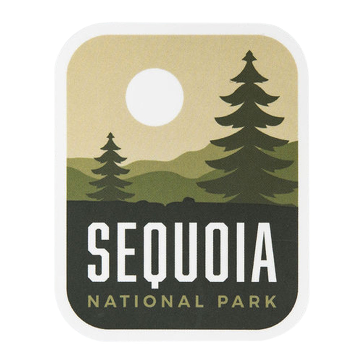 Sequoia National Park sticker featuring green trees and mountains with a circular cutout at the top.