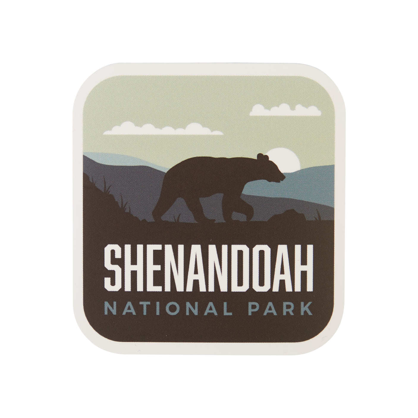 Shenandoah National Park sticker featuring a bear silhouette against mountains and a sunset in muted colors.