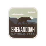 Shenandoah National Park sticker featuring a bear silhouette against mountains and a sunset in muted colors.