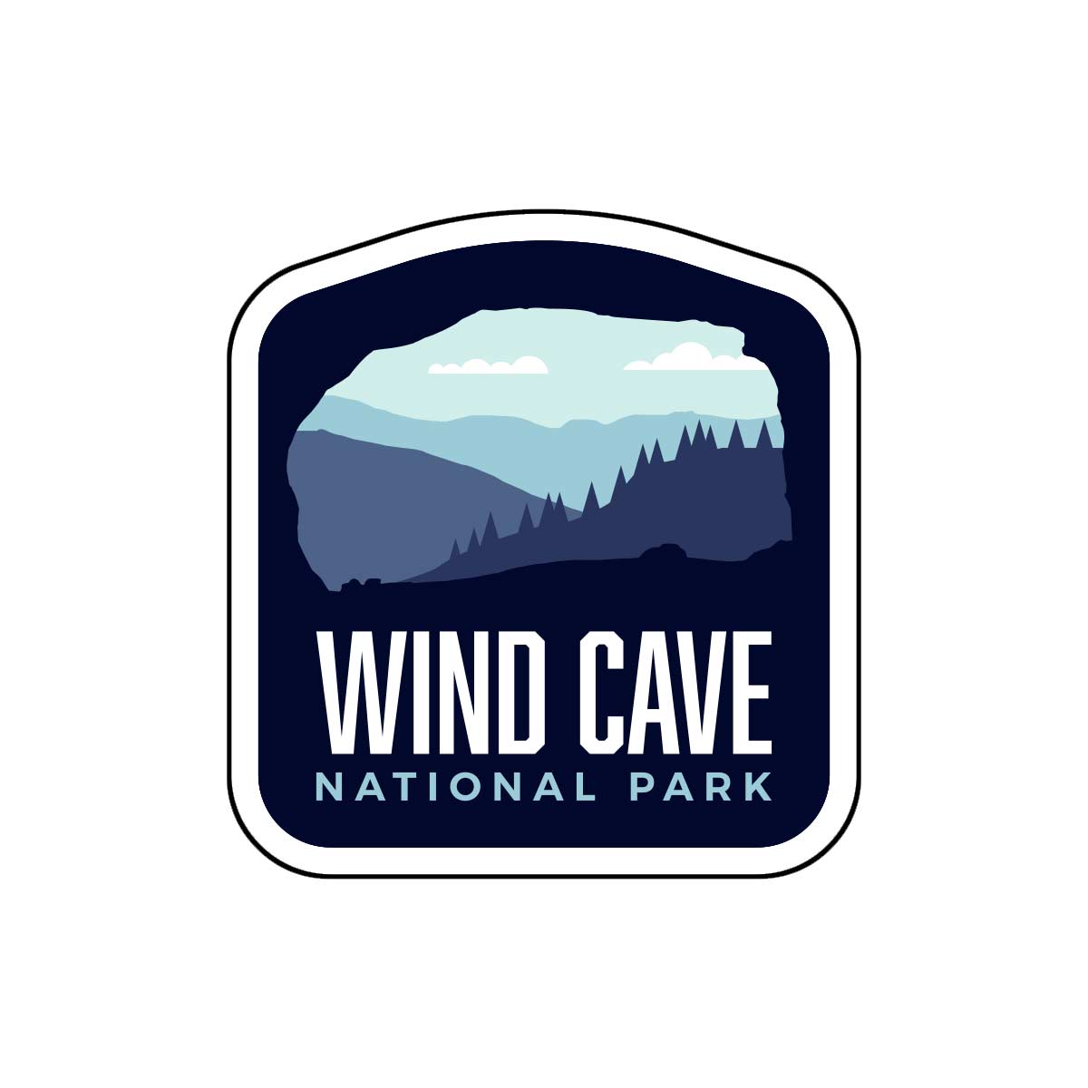 Wind Cave National Park sticker featuring a blue and green landscape with mountains and clouds.