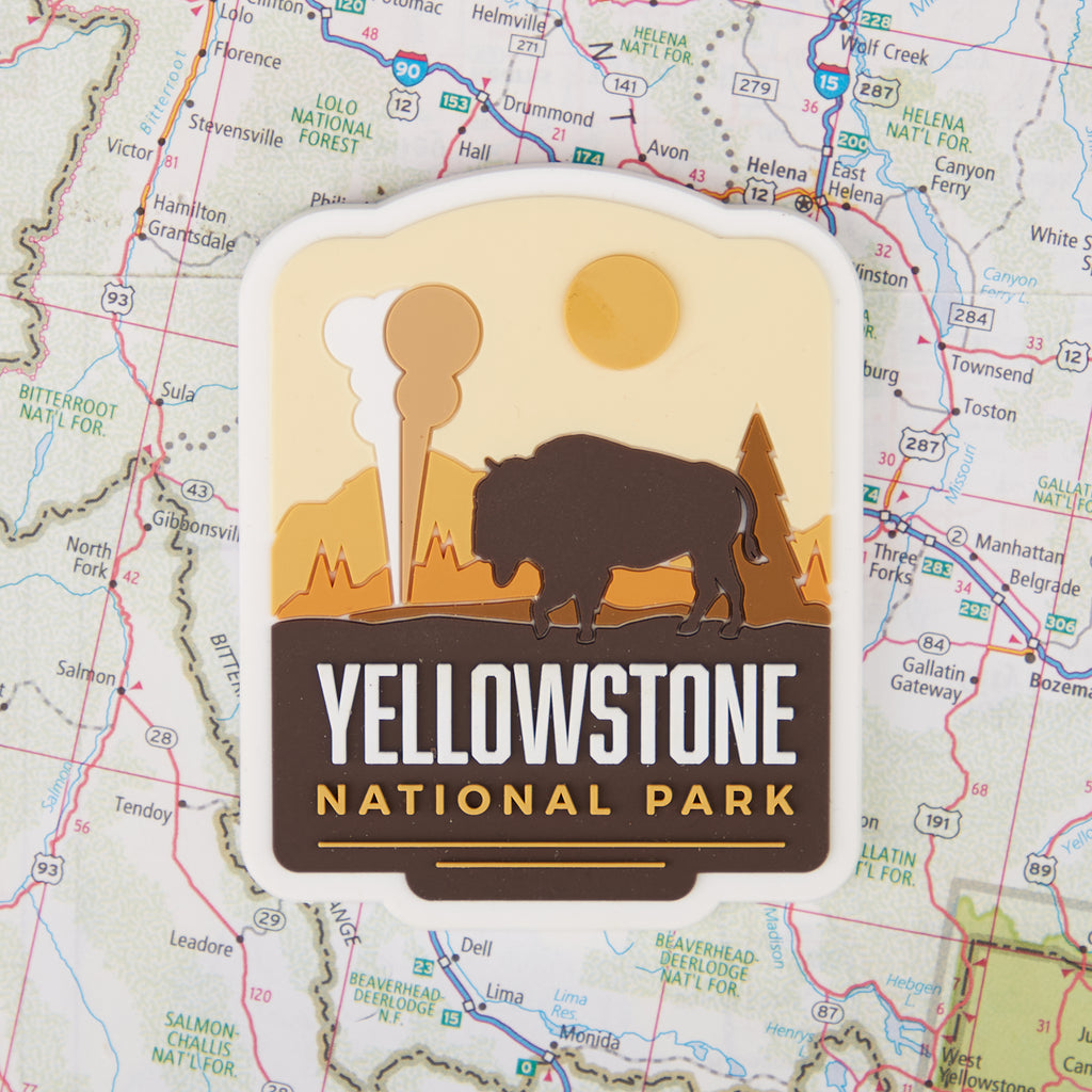 Yellowstone fridge magnet on a map background