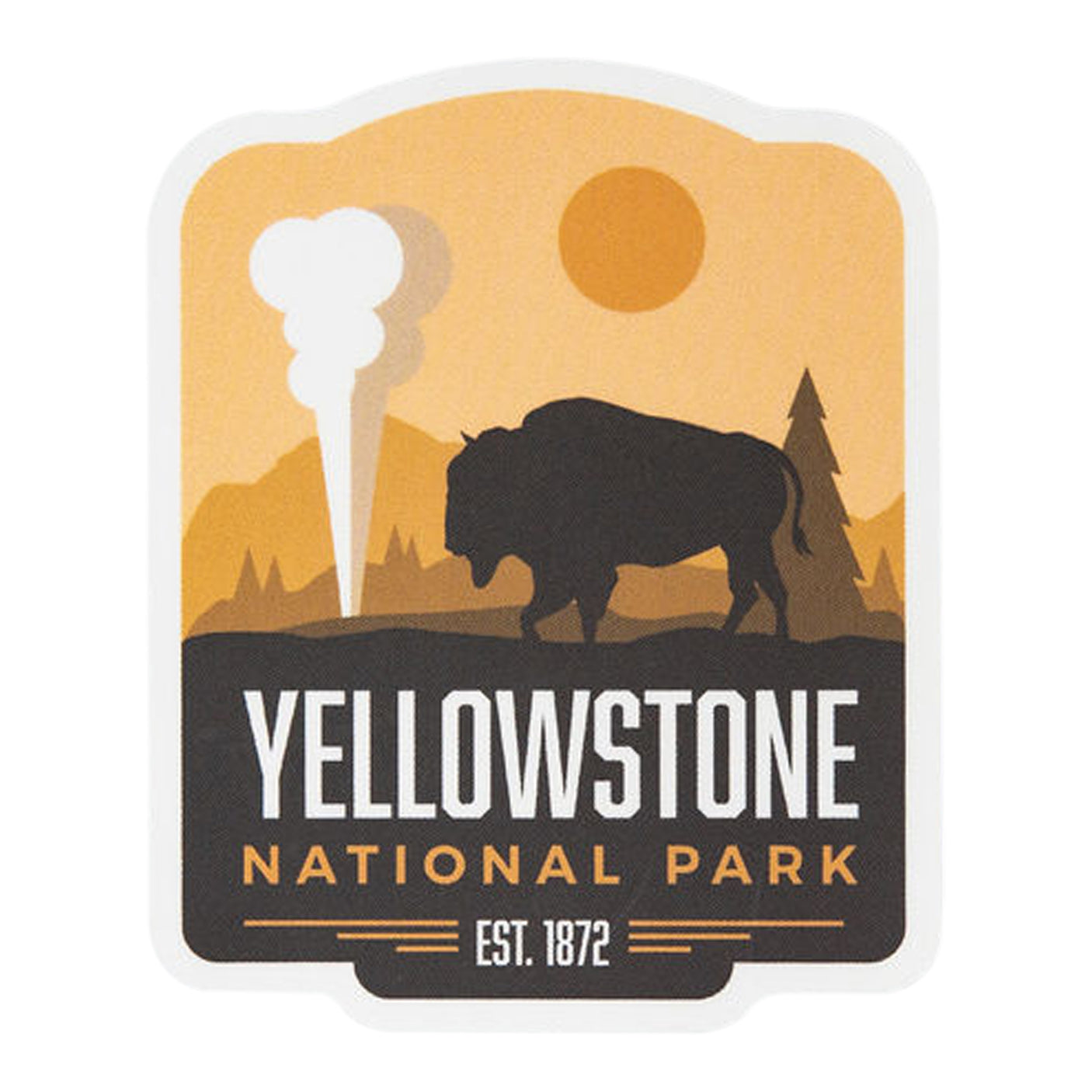 Yellowstone National Park sticker featuring a bison, mountains, and a sun in warm colors.