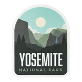 Yosemite National Park sticker featuring mountains, trees, and a sun in a blue and green color palette.