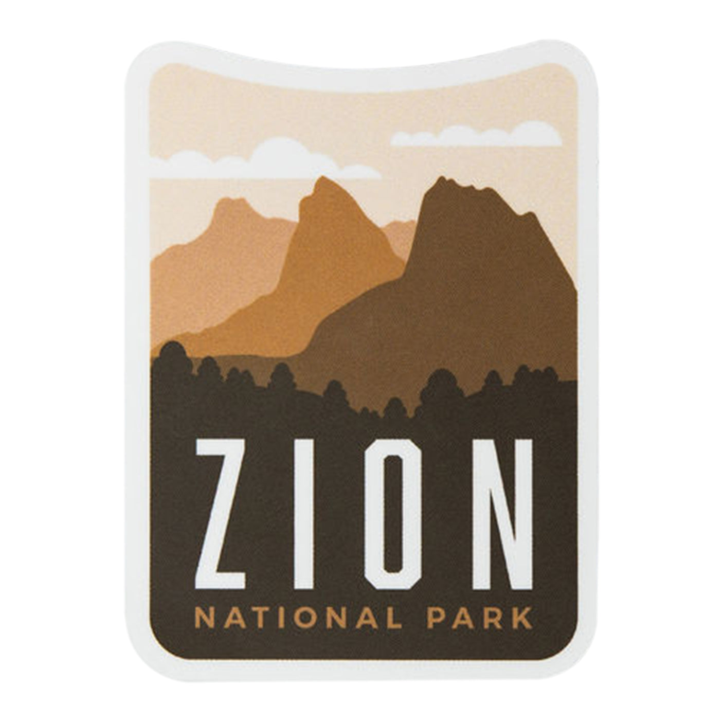 Zion National Park sticker featuring mountains and trees in earthy tones of brown and beige.